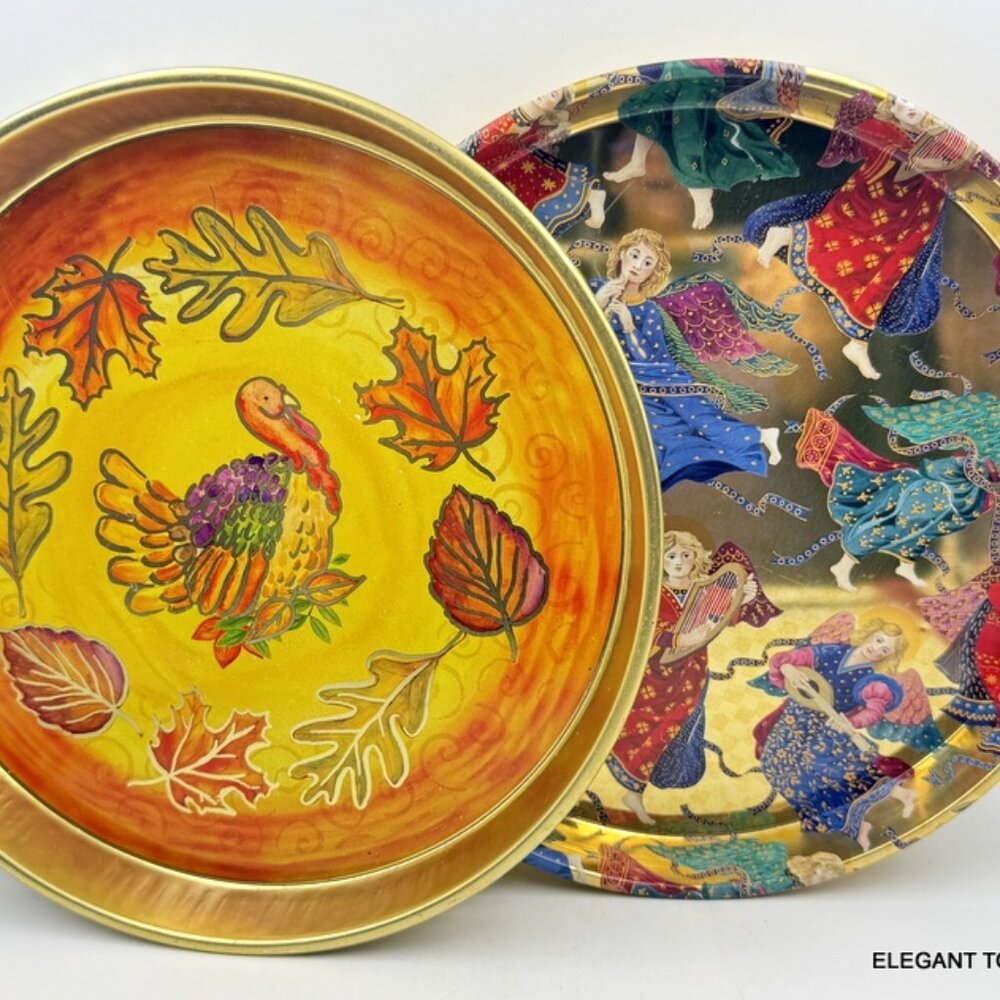 Dept. 56 Round Tin Tray Thanksgiving Turkey and Christmas Angels VGT BUNDLE of 2